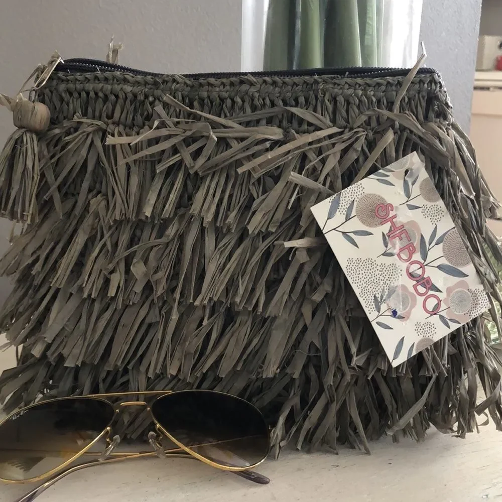 NWT She Bobo Madagascar raffia clutch.